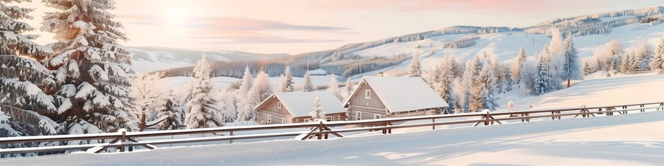Fototapeta premium Winter panorama of a snowy village. Houses in a winter forest with a view of the mountains.