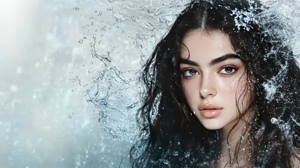Portrait of a beautiful young woman with long black hair, surrounded by water splashes, against a white background.