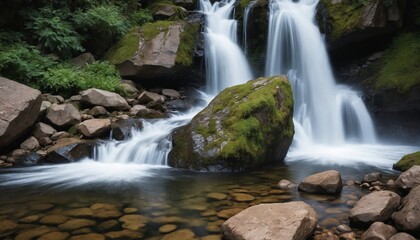 Fototapeta premium A cascading waterfall plunges through moss-covered rocks in a lush forest