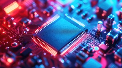 Close-up of a microchip on a circuit board with red and blue light reflecting off the surface.