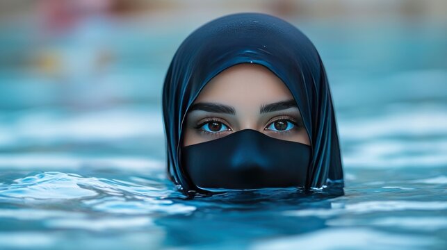 A woman wearing a black hijab and niqab with only her eyes visible, looks directly at the camera while partially submerged in a pool of water.