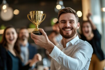 Office team celebrates with smiles and excitement, focusing on a gold trophy as a symbol of their success and accomplishment.