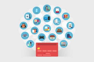 Bank card and purchases, concept of money saving and spending