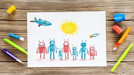 Charming Child's Artwork of Robot Family in Futuristic City, Glowing Sun, and Spaceship on Wooden Table. Whimsical Imagination and Creativity