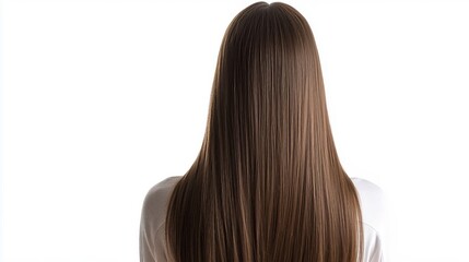Naklejka premium Rear View of Woman with Long Straight Brown Hair Showing Smooth Texture and Healthy Shine Isolated on White Background