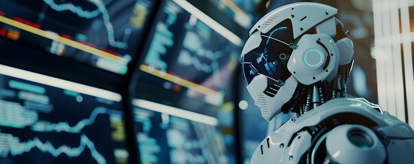 Futuristic Robot Observing Data On Screens
