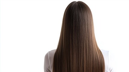 Naklejka premium Back View Female Model Displaying Long Sleek Hair with Natural Gloss and Clean Styling for Beauty Concepts Isolated on White Background