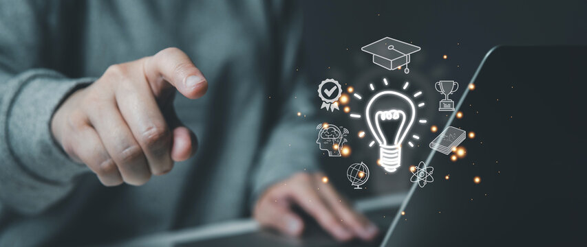 E-learning and Ai for education concept, student hand touching on virtual graphics, AI-enhanced learning with personalized courses, graduation and earning a certificate program to work a professional.