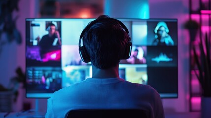 Back view of a person taking an online lesson on a digital screen.