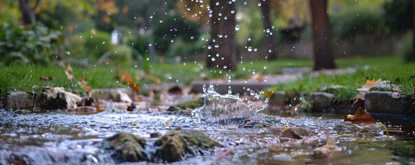 Fototapeta premium Raindrops Splashing in a Small Stream