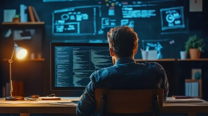 Back view of a person taking an online lesson on a digital screen.