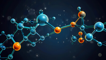 abstract background representing molecular structures in chemistry, featuring interconnected glowing atoms and swirling chemical bonds against a deep blue gradient