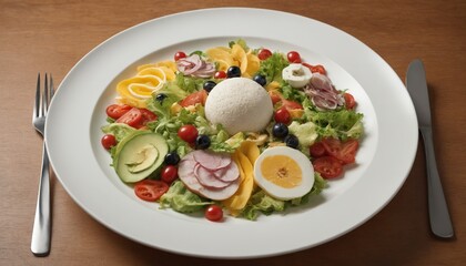 A culinary masterpiece: a vibrant salad with a crispy topping and fresh herbs on a white plate
