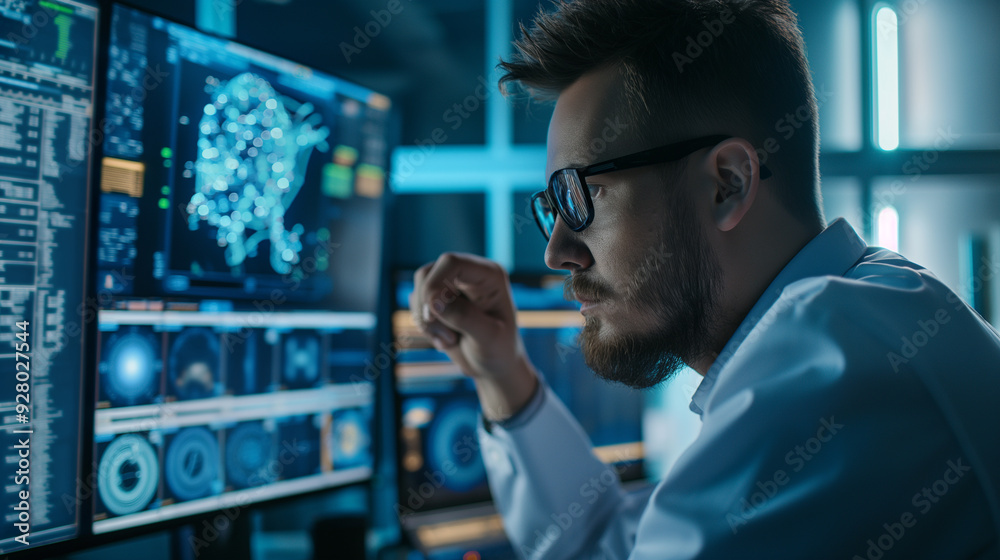 Poster a cybersecurity expert working on data encryption and protection using augmented reality artificial 