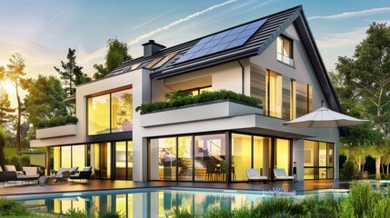 Modern House with Pool and Patio at Dusk