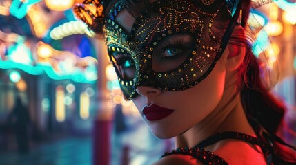una bellissima donna con una maschera di carnevale all'interno di un casinoayU54YmZ4JAGUkE yU54YmZ4JAGUkE with generative ai
