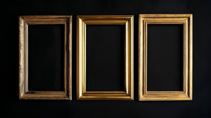 Three gold picture frames on black background