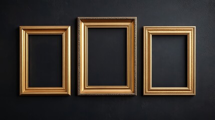 Three gold picture frames on black background