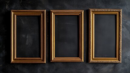 Three gold picture frames on black background