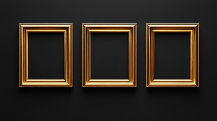 Three gold picture frames on black background