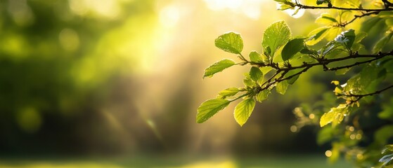 Obraz premium Sunlit Green Leaves with Dew Drops in a Serene Natural Setting