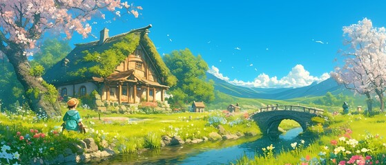 Enchanting Anime Cottage Surrounded by Spring Flowers and a Serene River in Lush Landscape