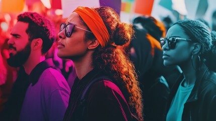 Diverse Group of People at a Vibrant Outdoor Event with Colorful Background and Energetic Atmosphere