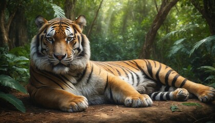 Obraz premium Majestic tiger resting on a rock in a lush jungle
