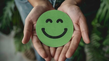 A pair of hands holding a green smiley face cutout against a blurred background of green foliage.
