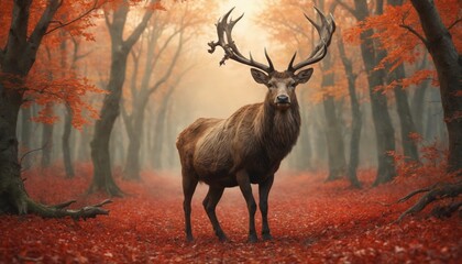 A majestic stag stands tall in an autumnal forest