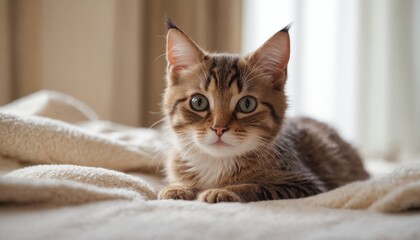 A ginger kitten's curious gaze from a soft white bed