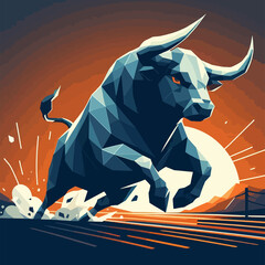 A bull is running through the desert with a sunset in the background