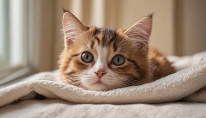 A soft, fluffy kitten peeking out from under a blanket near a window