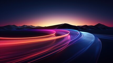Abstract glowing lines over dark mountain range at sunset.