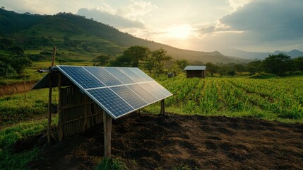 Solar Panels in a Rural Agricultural Field at Sunset with Mountains in the Background