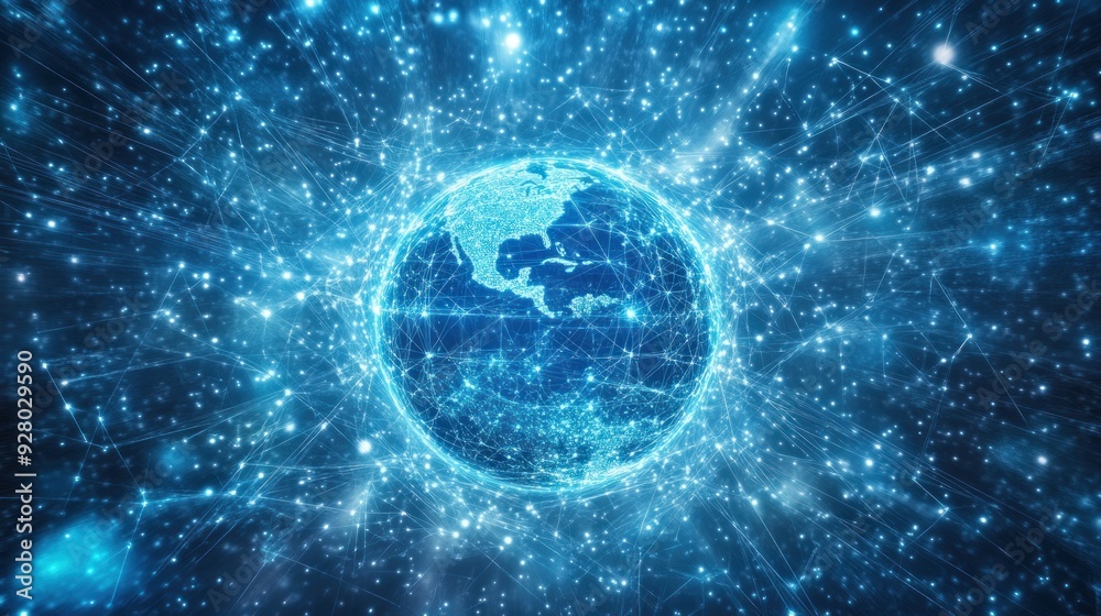 Sticker network connection with glowing blue digital globe.