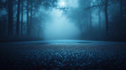 Fototapeta premium Fog In Spooky Forest At Moon Light On Asphalt - Abstract Bokeh