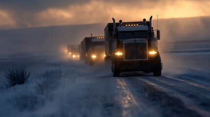 Fototapeta premium two large trucks driving down snowy road production transformers overcast dusk inspiring machinery blues terminals