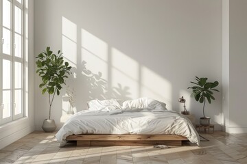 Bedroom Interior with Bed, Vibrant Potted Plant, and Wooden Flooring. White Walls for Minimalist Modern Design