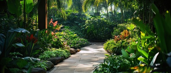 Obraz premium Serene Tropical Garden Pathway Surrounded by Lush Greenery and Vibrant Foliage in Morning Light