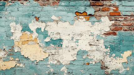 painted brick wall with peeling paint, revealing the original brick texture underneath, set in an urban, gritty environment