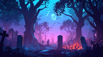 Graveyard in spooky death Forest At Halloween Night.