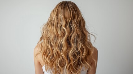 Fototapeta premium Rear View of Woman with Long Wavy Blonde Hair Showing Natural Volume Soft Curls and Healthy Texture in Studio Setting