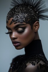 closeup woman black hair top avant garde fashion model sequins models feathers instead scene dune entertainment wearing winged helmet beauty campaign braids clear bronze face welsh