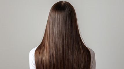 Fototapeta premium Back View of Female Model with Sleek Straight Brown Hair Demonstrating Hair Care Beauty Styling and Professional Salon Finish