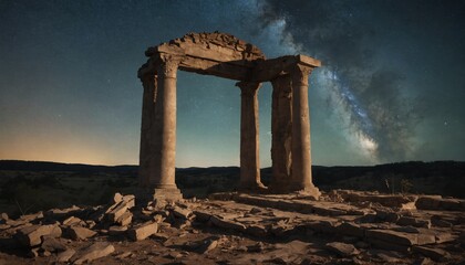 Fototapeta premium A lonely figure gazes at the milky way through the ruins of an ancient archway