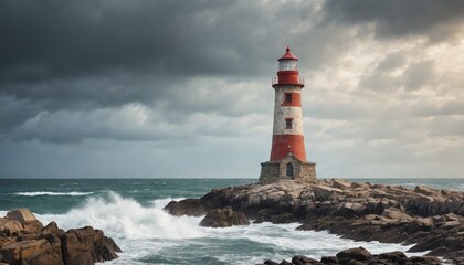 A red and white lighthouse stands tall against a stormy sea
