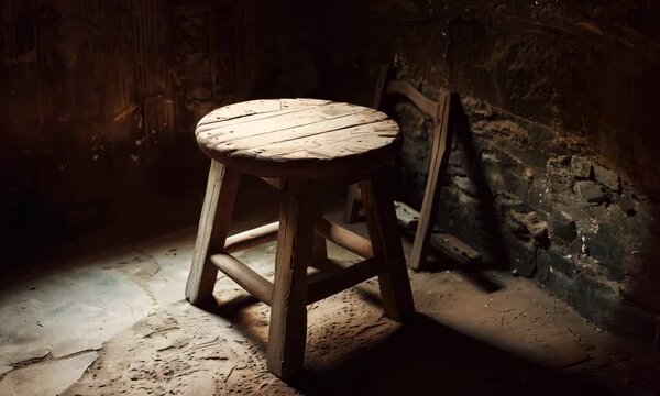 Old wooden stool in a dark room
