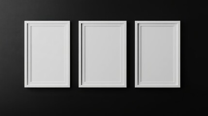 Three white picture frames on black background