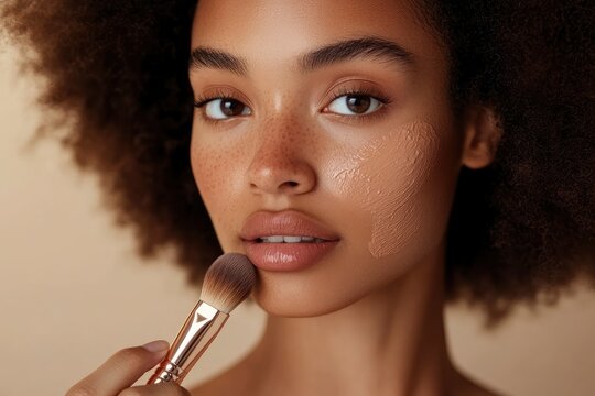 Woman applying foundation on face with brush against beige background, closeup with generative ai